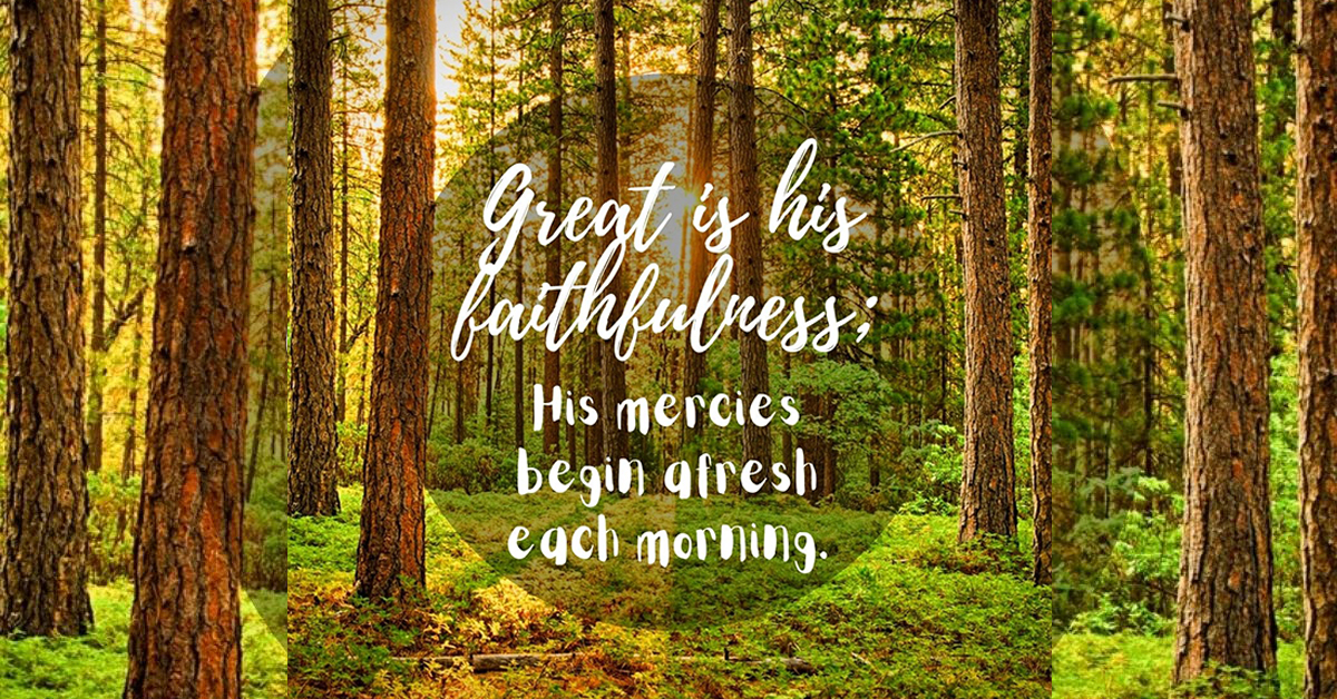 Photo of sunny woodland with overlaid text reading, "Great is his faithfulness; His mercies begin afresh each morning."