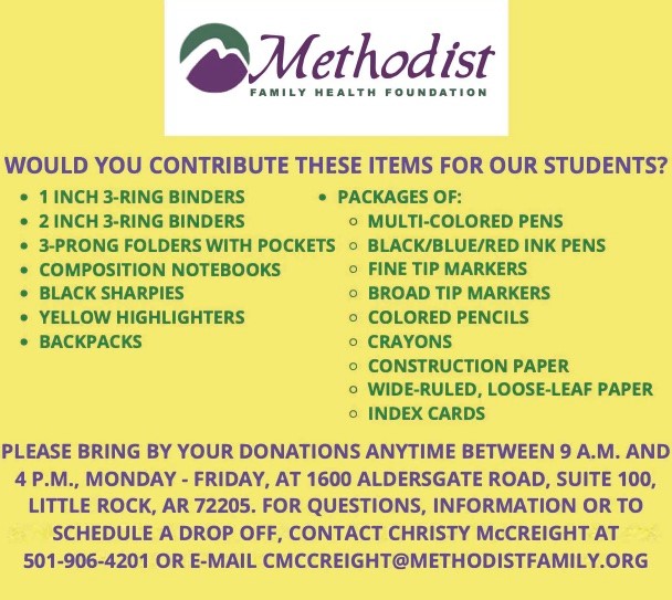 Would you contribute these items for our students? 1-inch 3-ring binders; 2-inch 3-ring binders; 3-prong folders with pockets; composition notebooks; black sharpies; yellow highlighters; backpacks; packages of mulit-colored pens, black/blue/red ink pens, fine-tip markers, broad-tip markers, colored pencils, crayons, construction paper, wide-ruled loose-leaf paper, index cards.